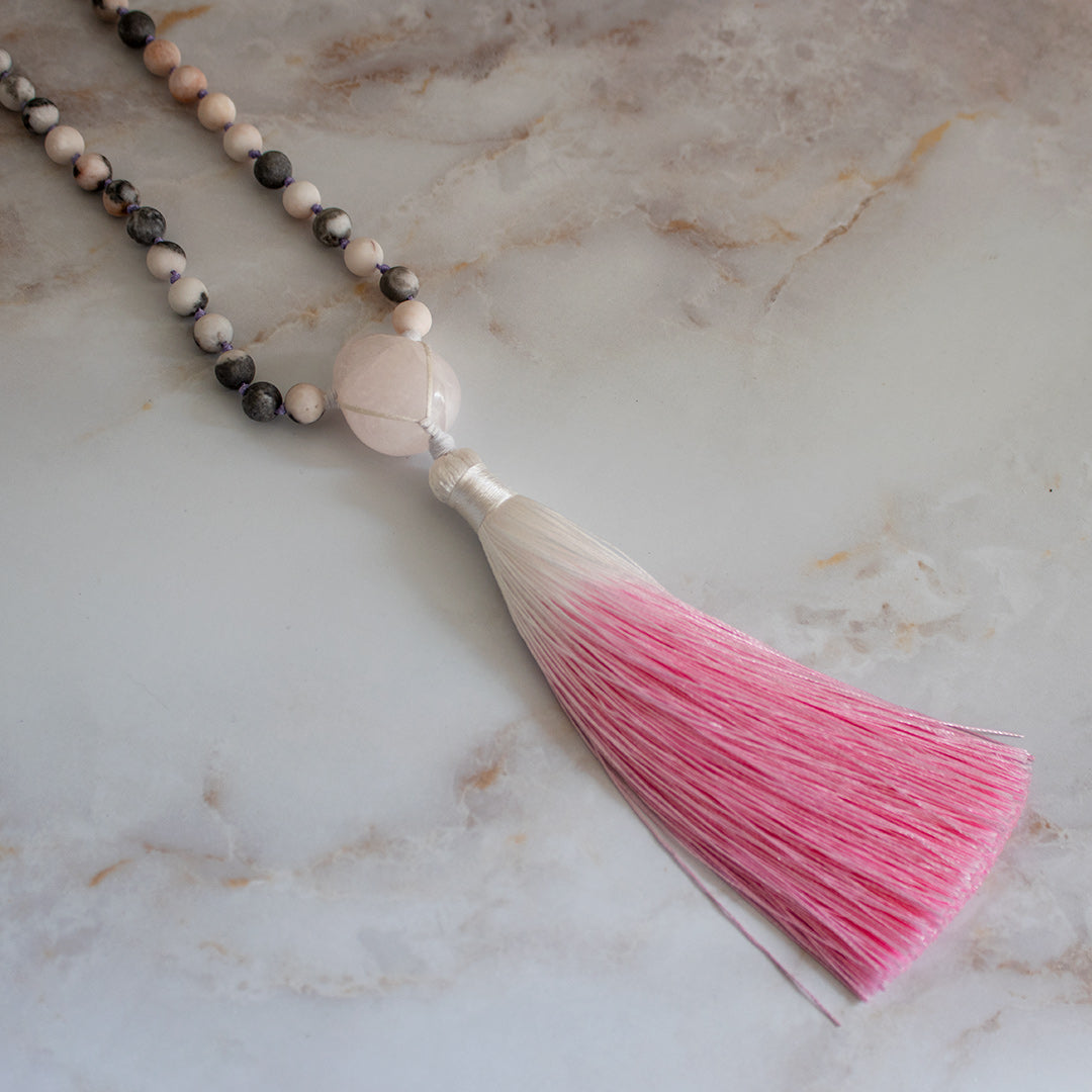 Mala 108 grani “Proteggo il mio Cuore” in Kunzite, Diaspro Zebra Rosa e Manganocalcite