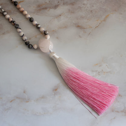 Mala 108 grani “Proteggo il mio Cuore” in Kunzite, Diaspro Zebra Rosa e Manganocalcite