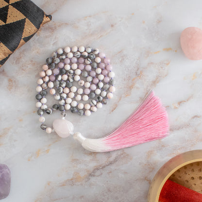 Mala 108 grani “Proteggo il mio Cuore” in Kunzite, Diaspro Zebra Rosa e Manganocalcite