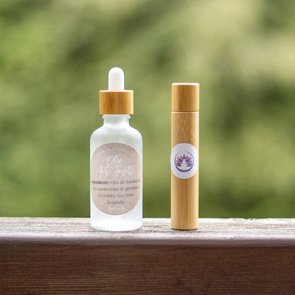 Oli anti insetti in bottiglia di vetro con contagocce e confezione elegante in bamboo